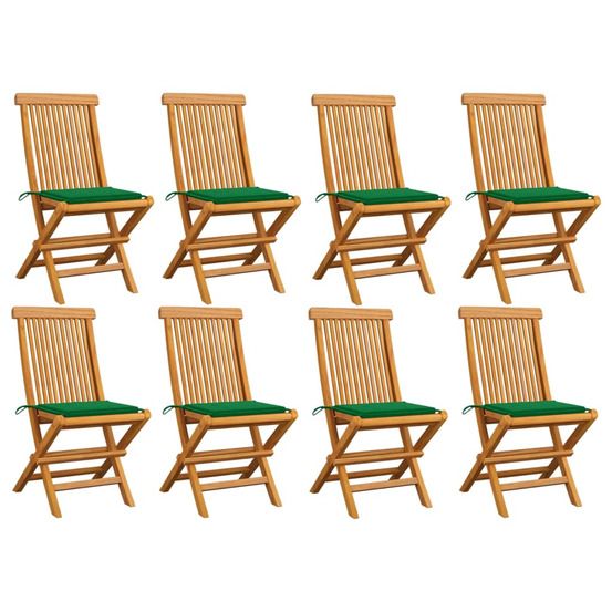 Chaises pliantes avec coussins verts, 8 pièces, en bois de teck massif