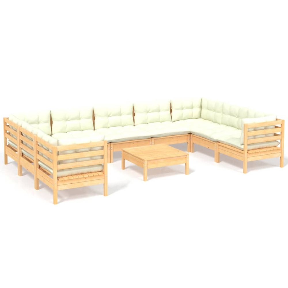 Salon de jardin 10 pcs avec coussins crème bois de pin