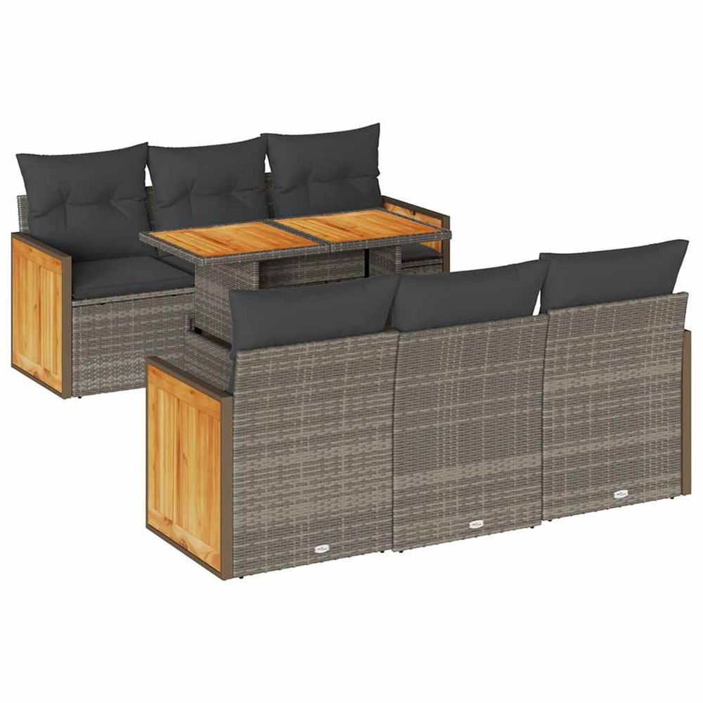 Salon de jardin avec coussins 7 pcs gris résine tressée acacia