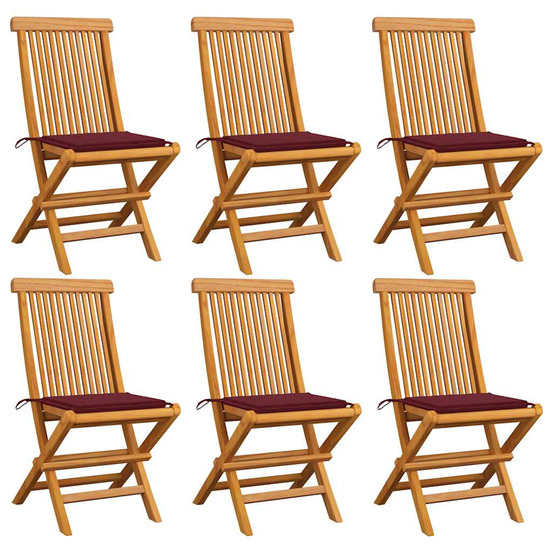 Chaises de jardin avec coussins rouge bordeaux lot de 6 teck