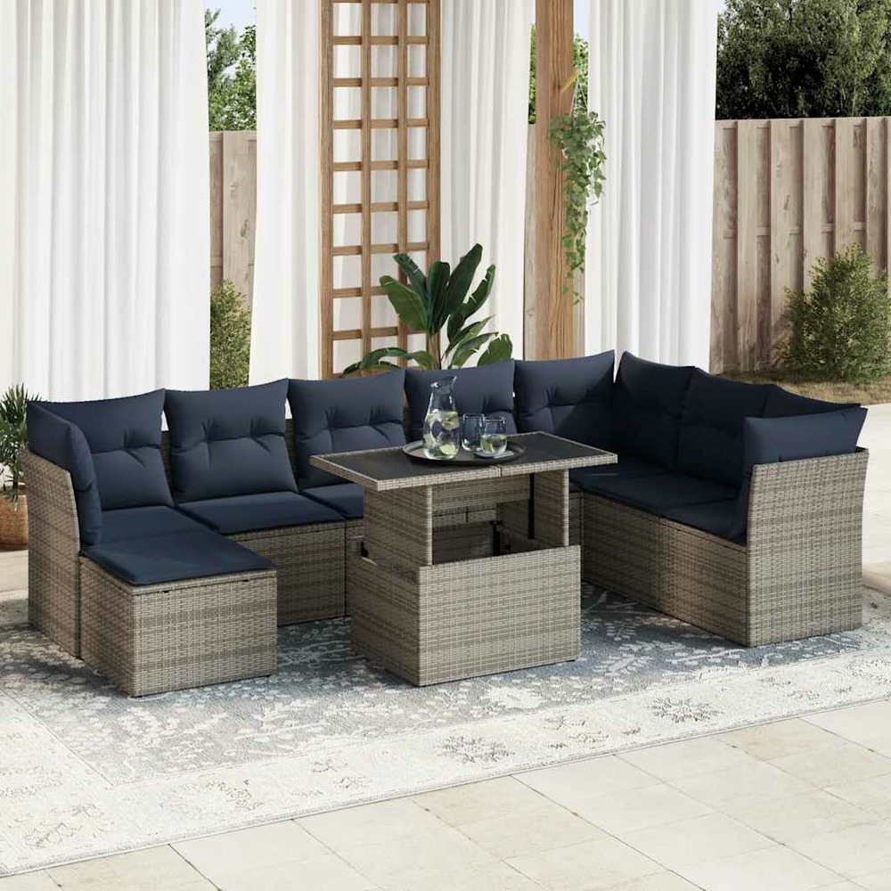 Salon de jardin avec coussins 9 pcs gris résine tressée acacia