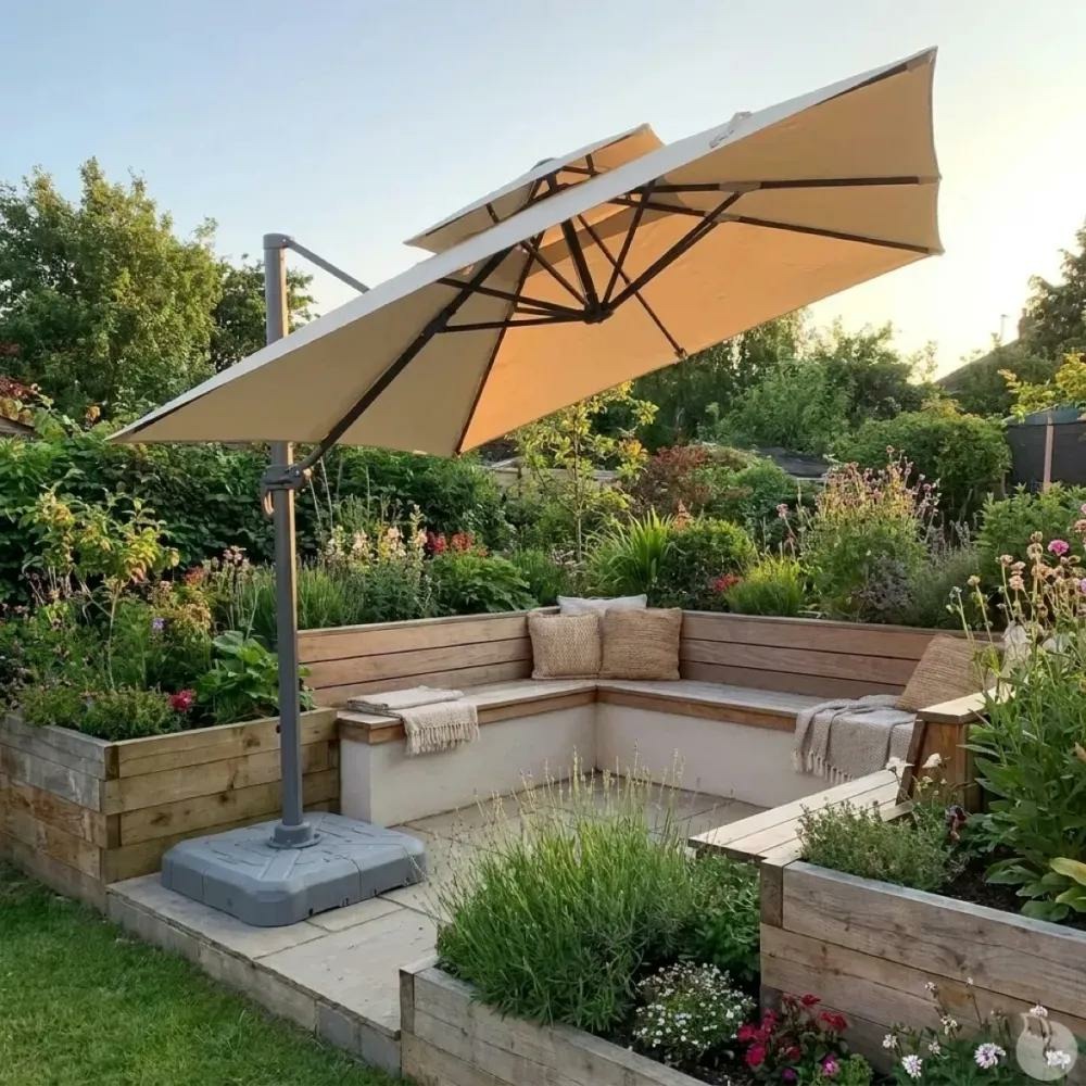 Parasol carré déporté pivotant alu toile beige 3 x 3 m pied inclus