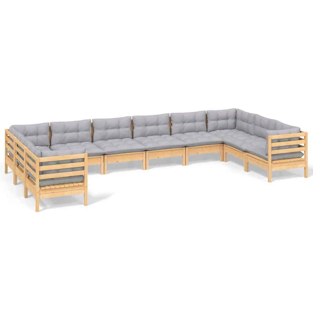 Salon de jardin 10 pcs avec coussins gris bois de pin