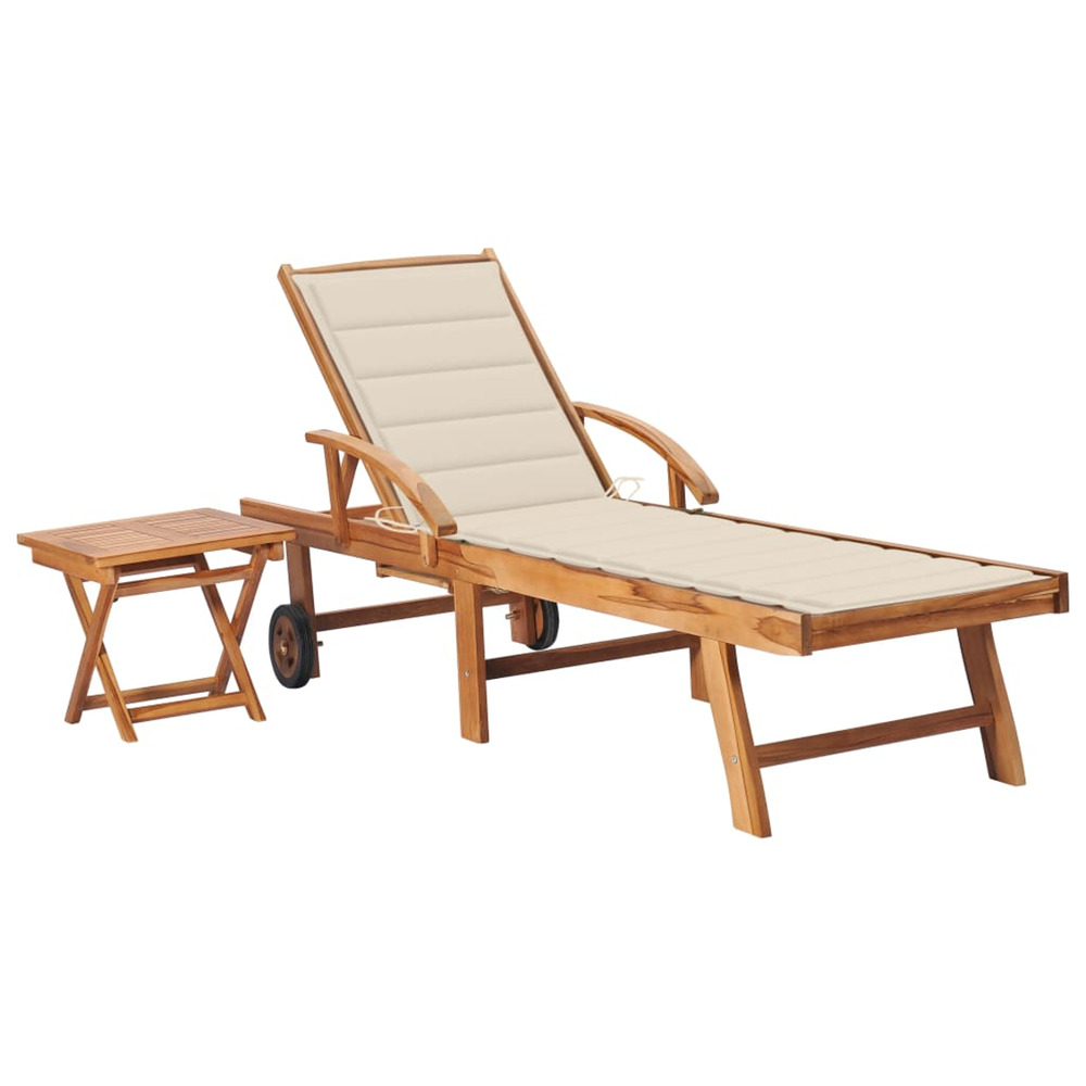 Chaise longue avec table et coussin bois de teck solide bain de soleil