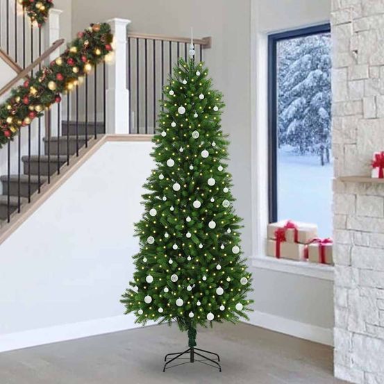 Arbre de noël artificiel vert réaliste 240 cm, kit déco complet avec guirlande led intégrée