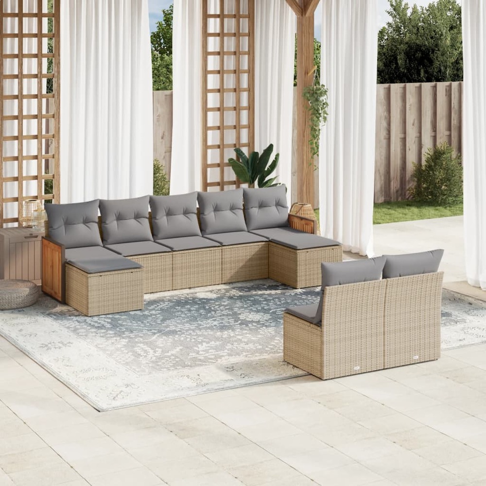 Salon de jardin avec coussins 9 pcs beige résine tressée