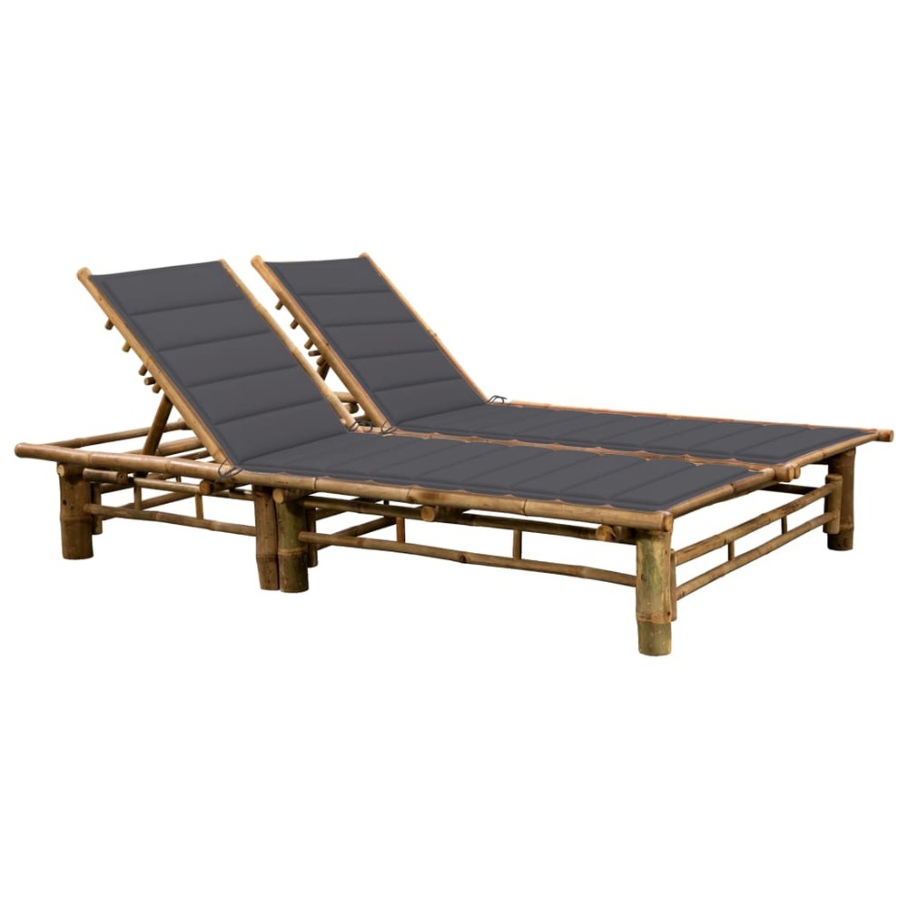 Transat chaise longue bain de soleil lit de jardin terrasse meuble d'extérieur pour 2 personnes avec coussins bambou 02_00129