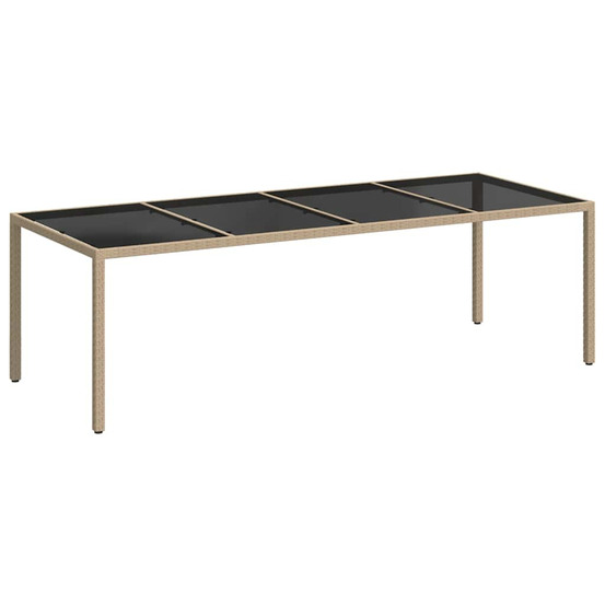 Table de jardin beige 250x100x75 cm verre trempé et poly rotin