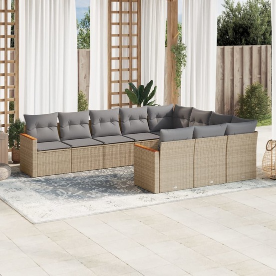 Salon de jardin et coussins 10 pcs mélange beige résine tressée
