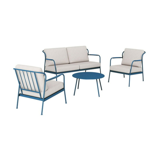 Ensembe salon de jardin 4 places noa ii en acier - coussins polyeste - bleu/beige clair