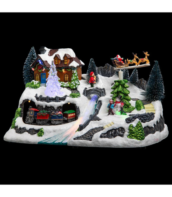 Village de noël lumineux et animé en fibre optique avec train