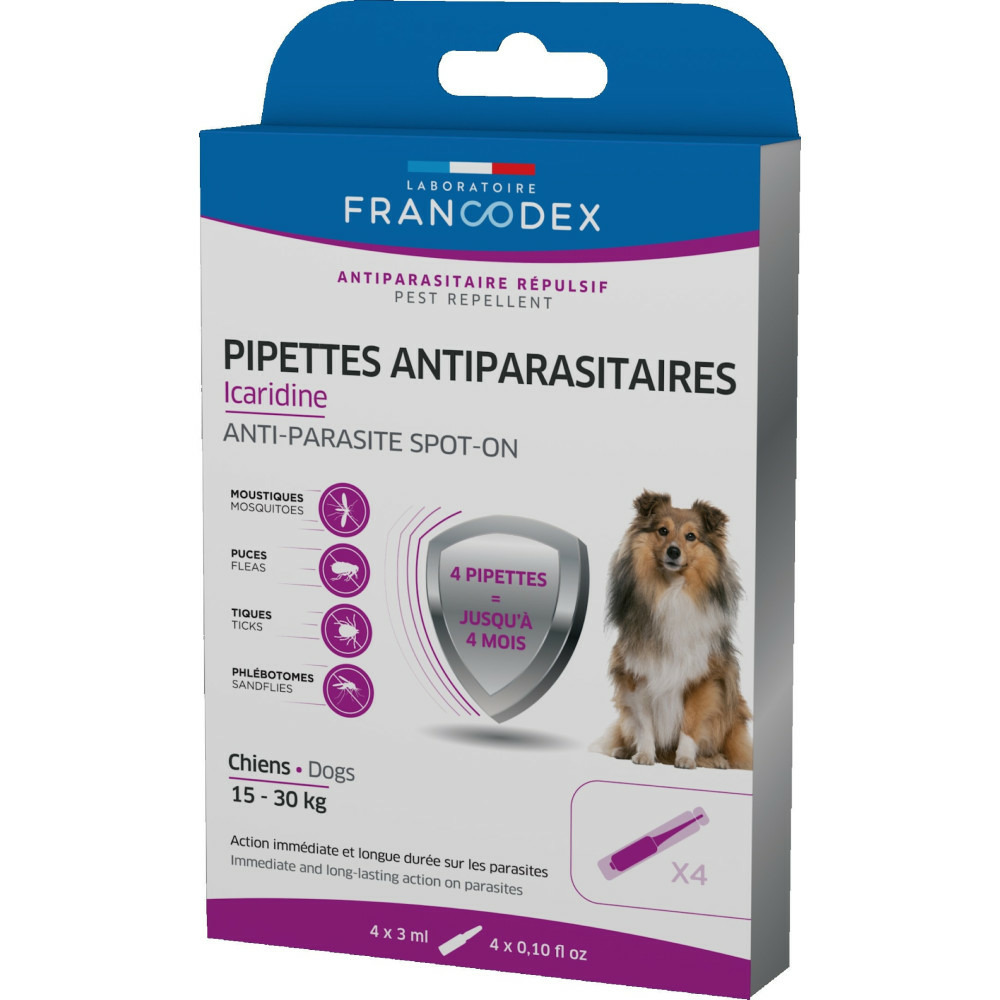 4 pipettes antiparasitaires icaridine pour chien de 15-30 kg
