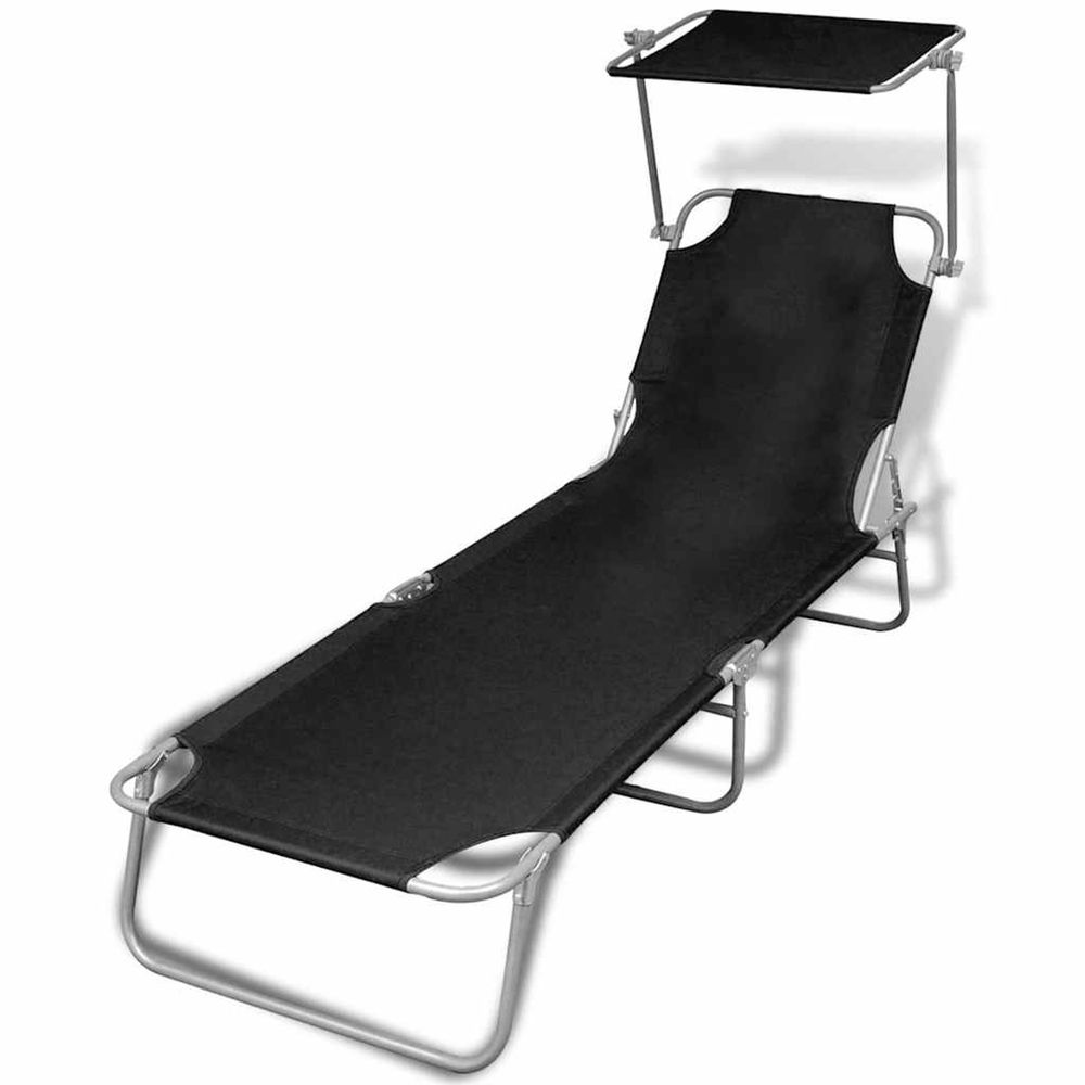 Chaise longue pliable avec auvent acier et tissu noir bain de soleil
