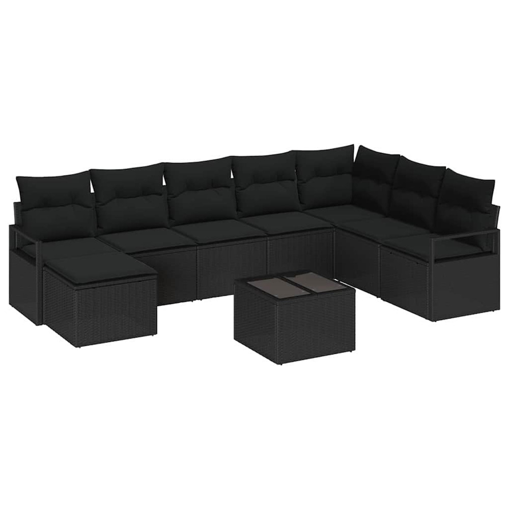 Ensemble de canapés avec coussin 9 pcs noir polyrotin
