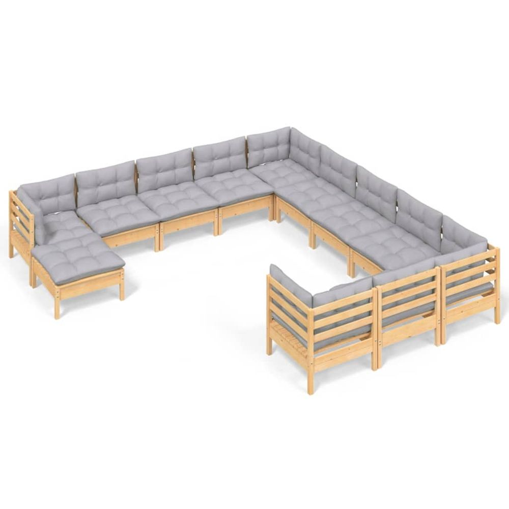 Salon de jardin 12 pcs avec coussins gris bois de pin
