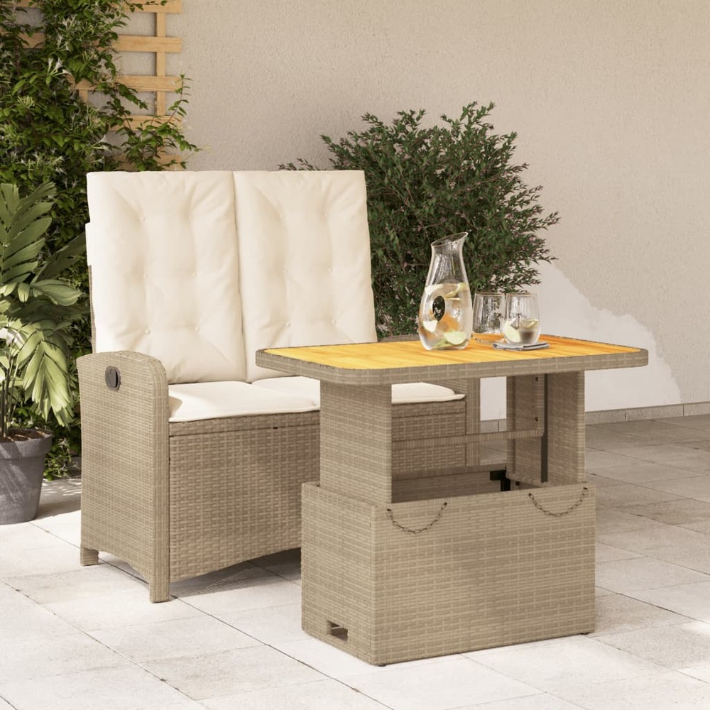 Ensemble à manger de jardin et coussins 2 pcs beige poly rotin