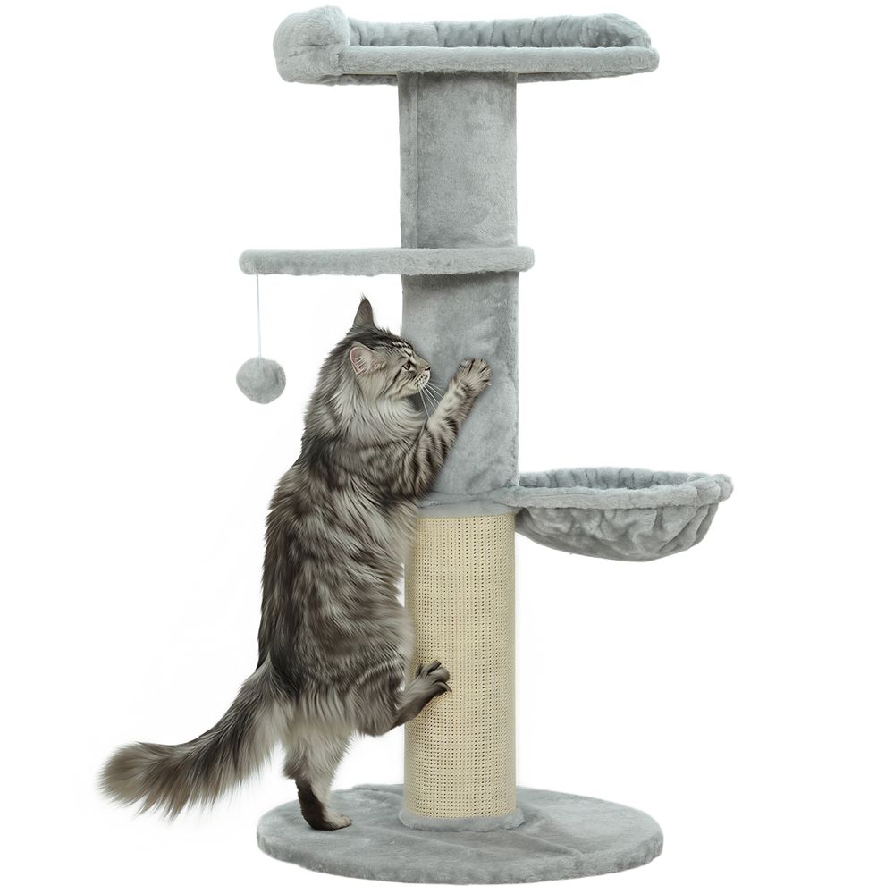 Arbre à chat griffoir sisal épais avec hamac niche et plateforme peluche douce 104 cm gris