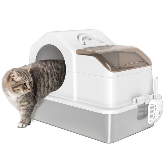 Maison de toilette pour chat acier inoxydable spacieuse anti-odeurs avec tapis intégré 60.5cm blanc