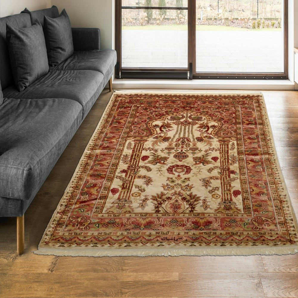 Authentique tapis d'orient 125x175 fait main en soie beige jihangir 66