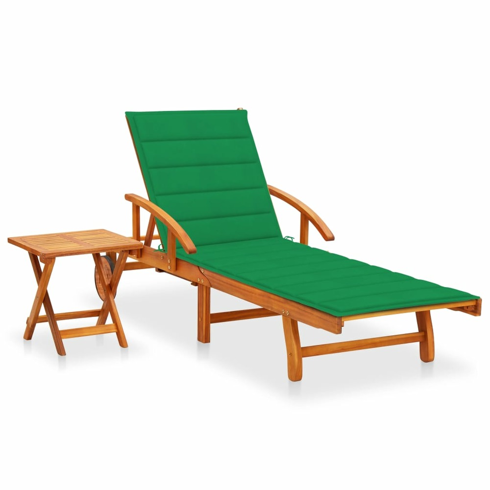 Transat chaise longue bain de soleil lit de jardin terrasse meuble d'extérieur avec table et coussin bois d'acacia
