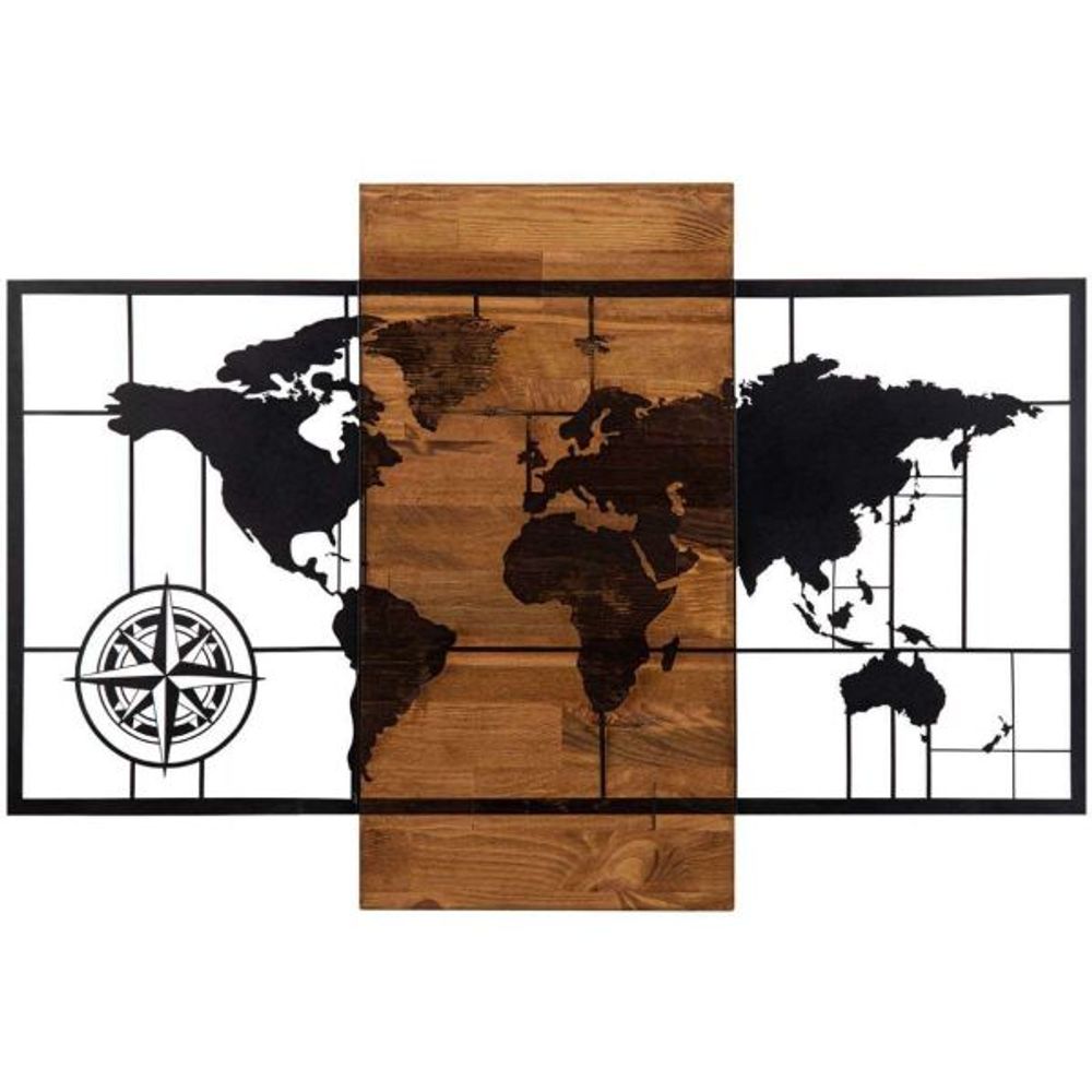 Décoration murale en métal et bois mappemonde