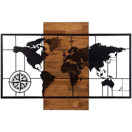 Décoration murale en métal et bois mappemonde
