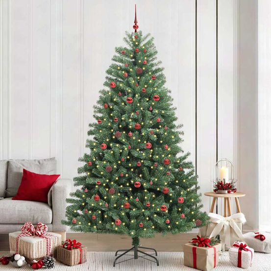 Sapin de noël 240 cm à assemblage simplifié, pré-décoré avec lumières led et 120 ornements