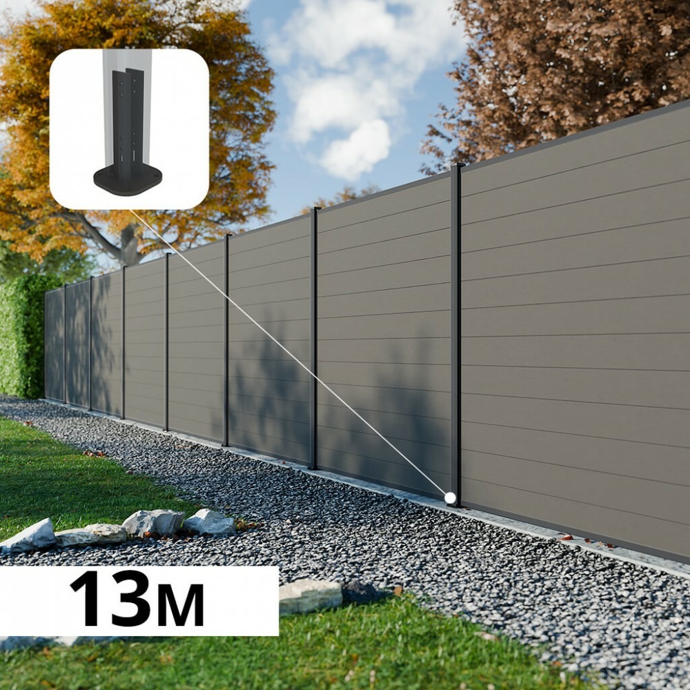 Kit clôture composite rio platines 13x1,8m - bois composite & aluminium - poteaux sur platines gris - brise vue - palissade