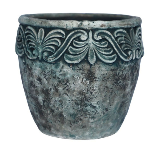 Cache-pot rond en ciment vieilli bleuté et cuivré ø.14 x ht.13 cm