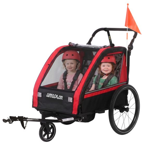 Remorque vélo enfant 2 places acier rouge 151 x 77 cm poussette 2-en-1 harnais 5 points
