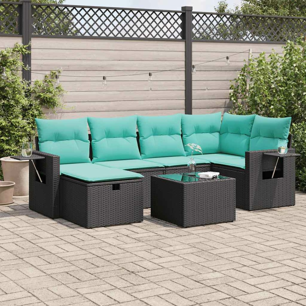 Salon de jardin 7 pcs avec coussins noir résine tressée