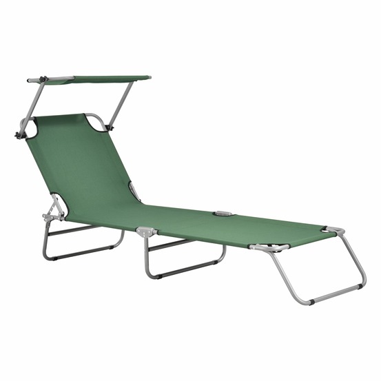 Transat bain de soleil avec pare-soleil inclinable acier polyester argenté mat vert foncé