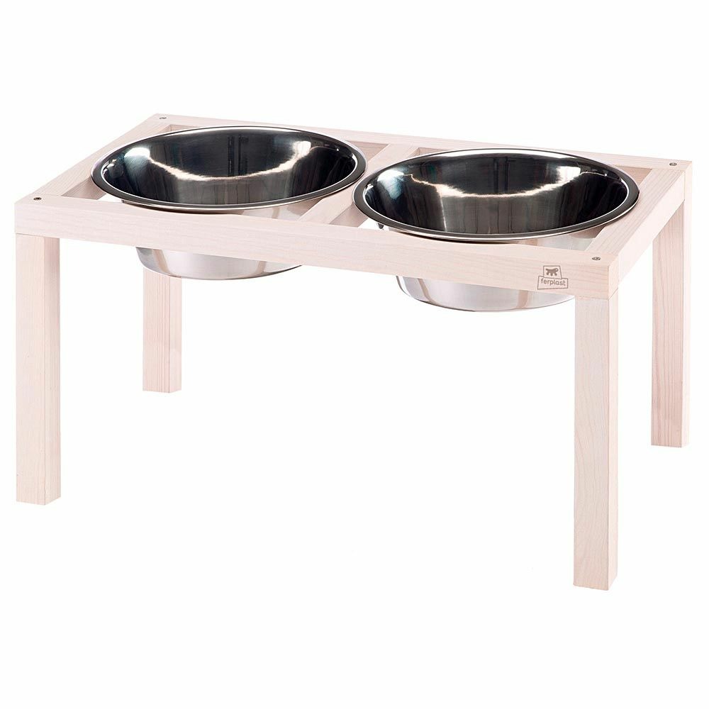 Ferplast support de gamelle pour chien desco wood, avec 2 gamelle en acier inoxydables - élégante gamelle en bois surélevée et