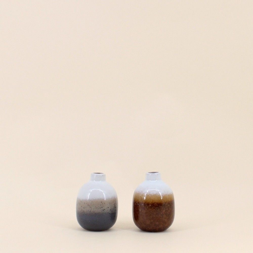 Set de 2 vases en céramique émaillée gris, marron, h10cm