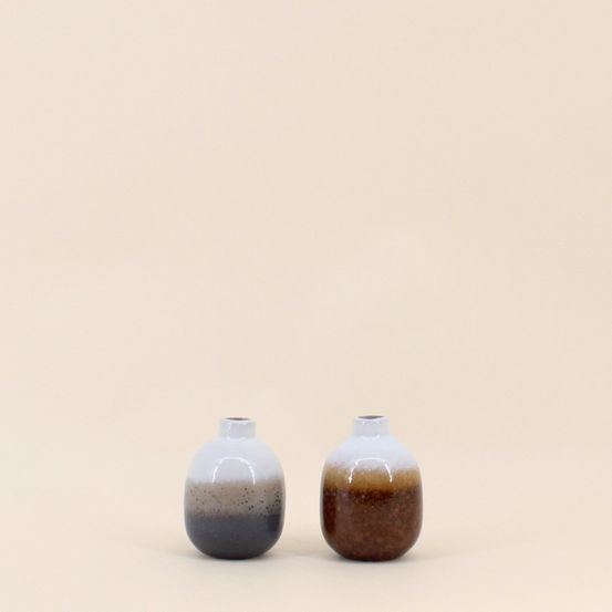 Set de 2 vases en céramique émaillée gris, marron, h10cm