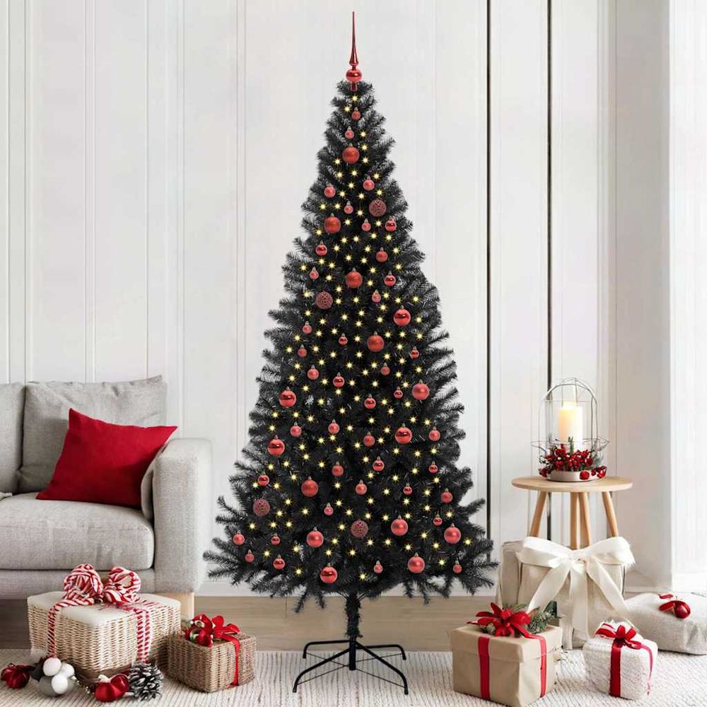 Sapin artificiel noir 210 cm pour fêtes, kit complet avec guirlande lumineuse et décorations