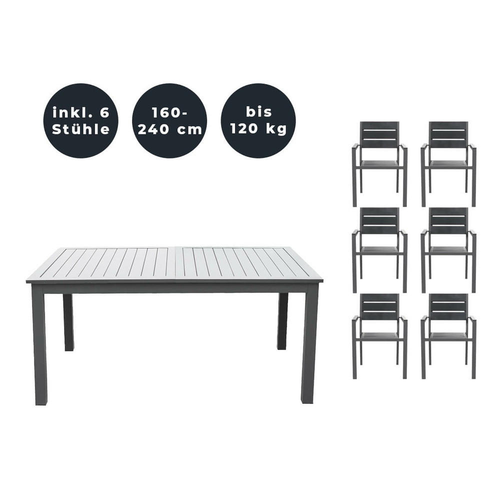 Home deluxe - table de jardin extensible - casa - env. 160 (240) x 100 x 74 cm - avec 6 chaises, structure et plateau en aluminium -
