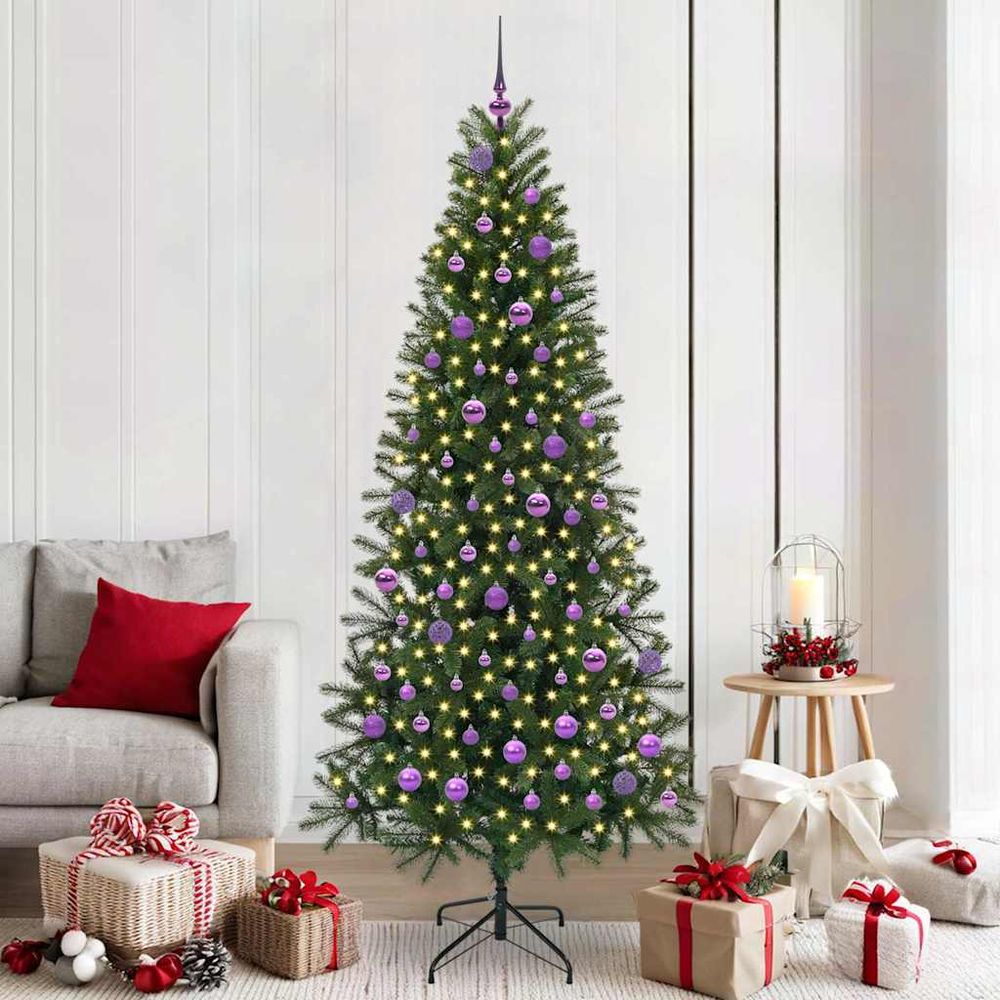 Sapin décoré 150cm argent lumineux, pack complet prêt à poser pour les fêtes