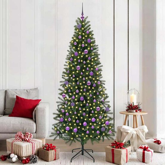 Sapin décoré 150cm argent lumineux, pack complet prêt à poser pour les fêtes
