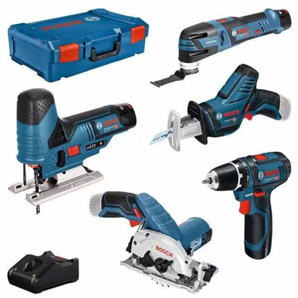 Pack de 5 outils sans-fil (gst + gop + gsa + gsr + gks) + 3 batteries 3ah + chargeur + coffret l-boxx - bosch - 0615a0017c