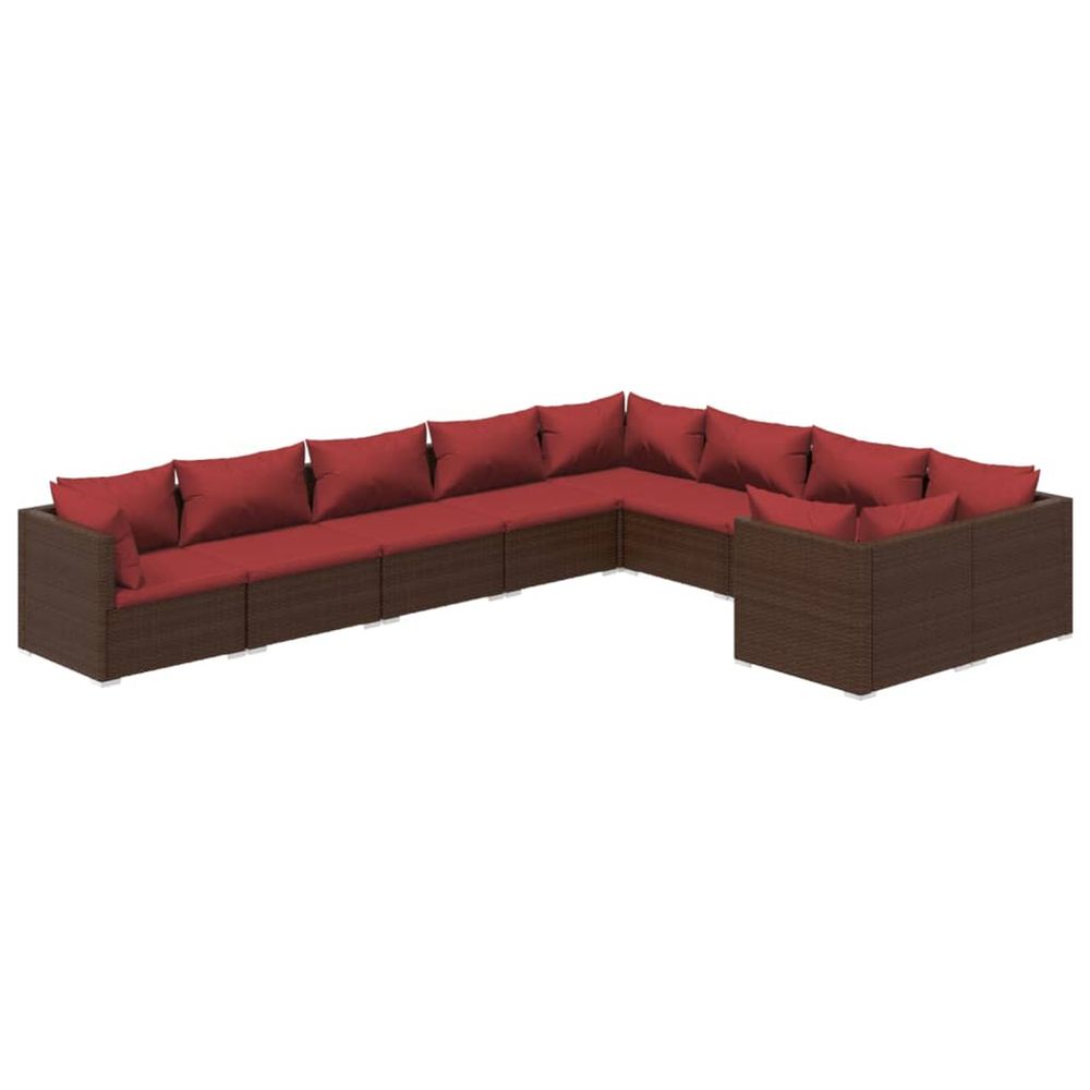 Salon de jardin 9 pcs avec coussins résine tressée marron