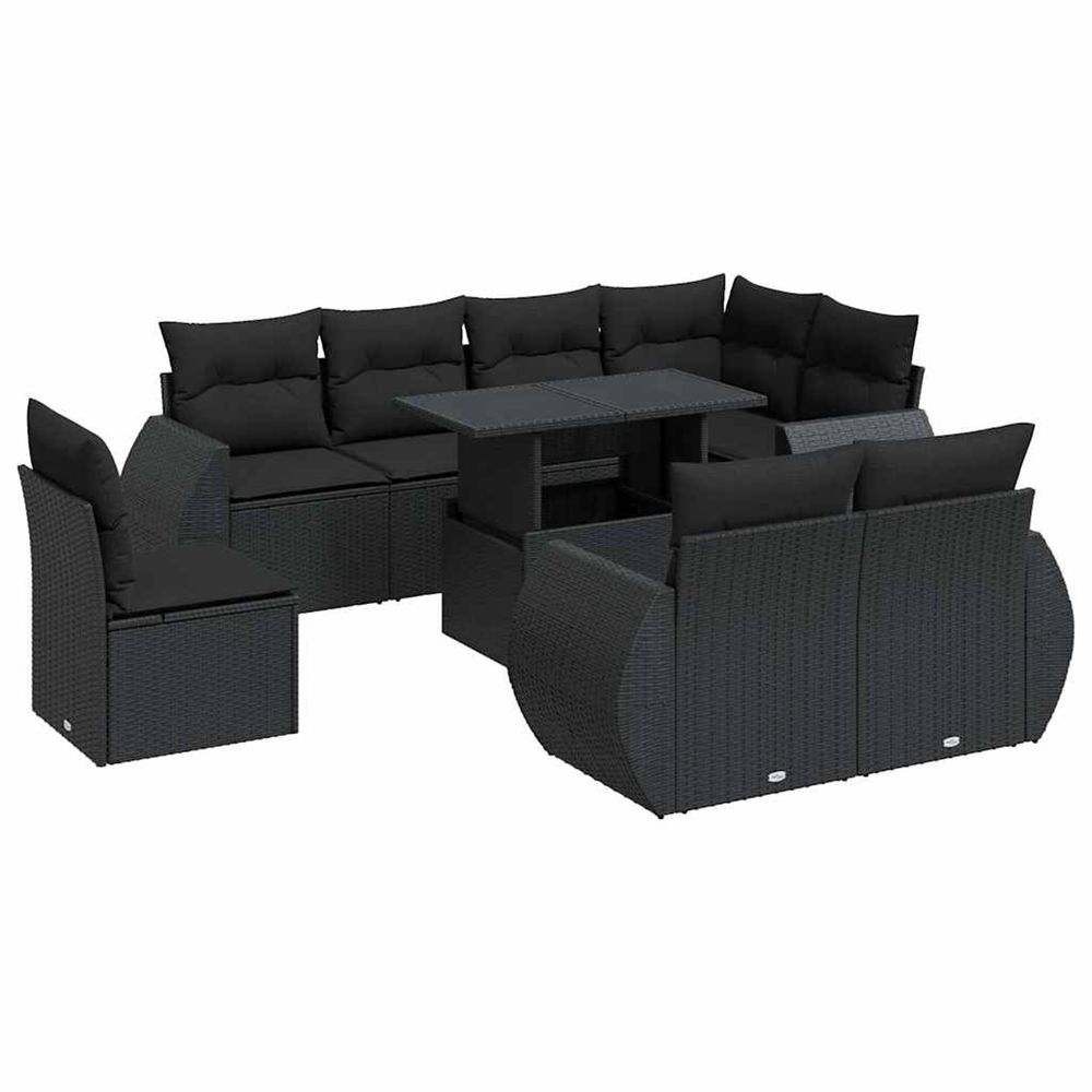Salon de jardin 9 pcs avec coussins noir résine tressée