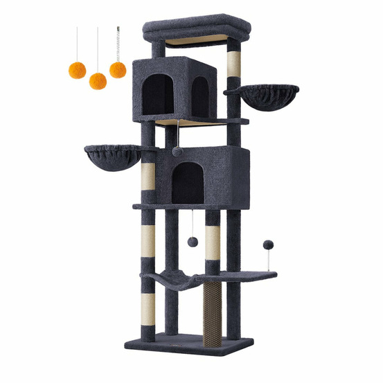 Arbre à chat tour à chat de 175 cm de haut abri à chat multi-niveaux avec 2 niches 2 paniers 5 griffoirs toilettage autonome