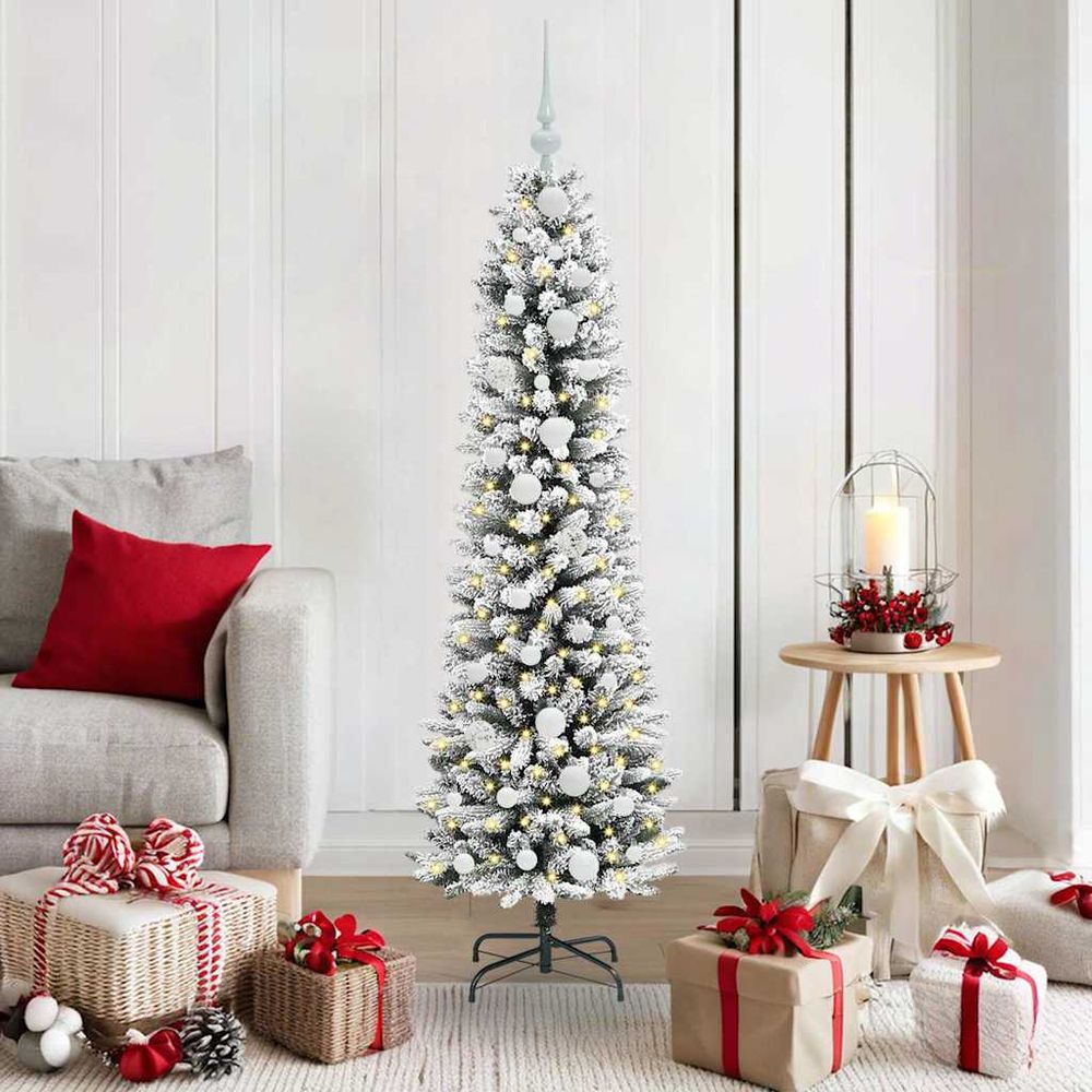 Sapin de noël artificiel enneigé 150 cm, kit complet avec 150 led et boules