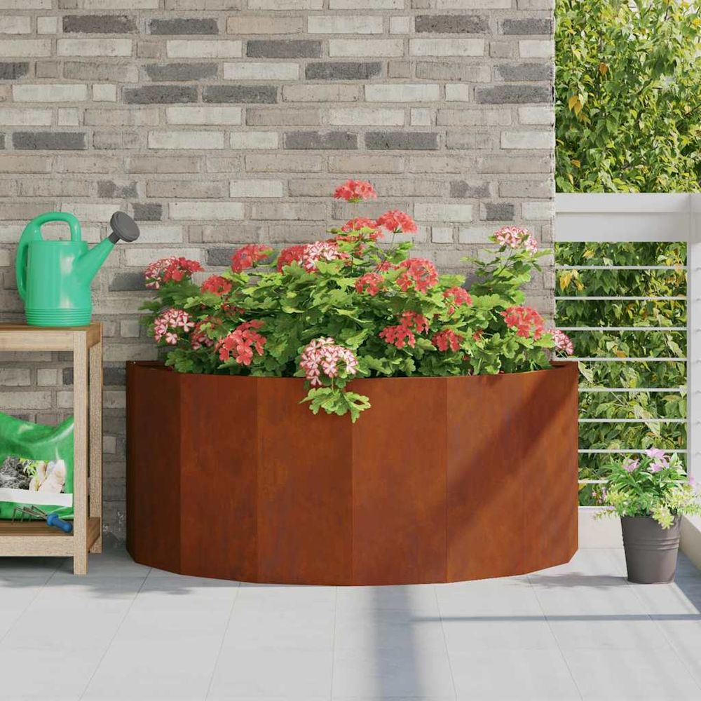 Jardinière demi-ronde acier corten effet rouillé pour jardin 120x60x50 cm