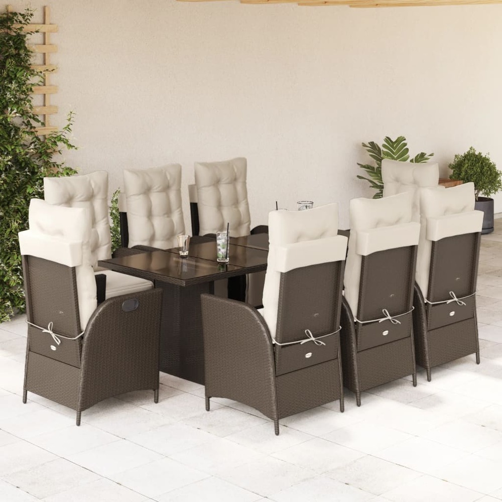 Ensemble à manger de jardin et coussins 9 pcs marron poly rotin