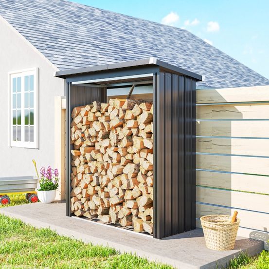 Abri-bûches acier extérieur jardin toit incliné aéré 150x66x150cm gris foncé - comfortxl outdoor living