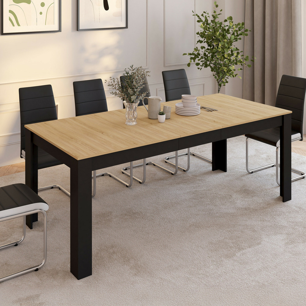 Table à manger extensible rectangle rozy 4-8 personnes noire plateau façon hêtre 160-200 cm
