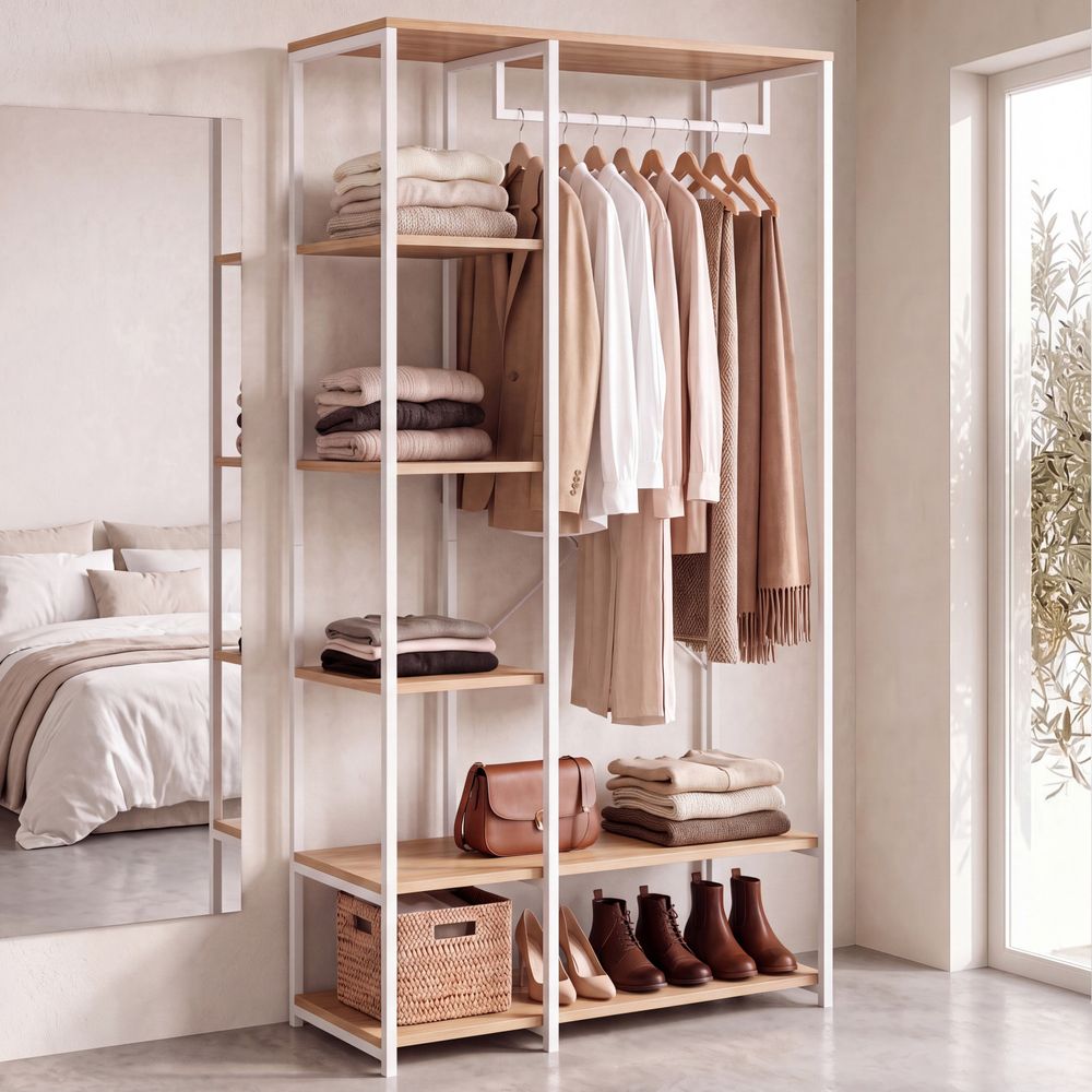 Dressing penderie étagères l. 90 cm detroit design industriel bois et métal blanc