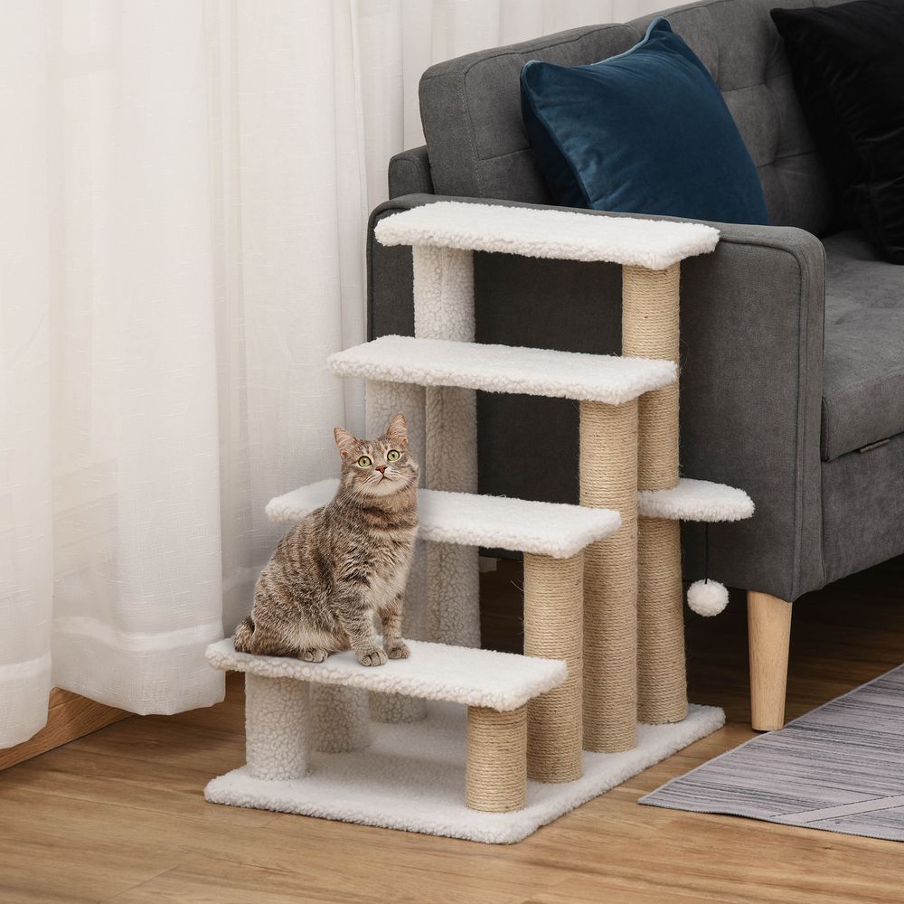 Escalier chien chat 4 marches bois jute aide montée lit canapé griffoir blanc 64cm - comfortxl pet living
